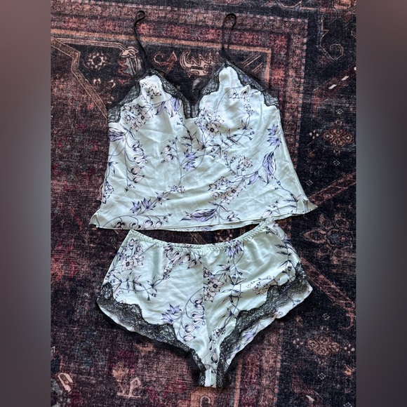 Victoria's Secret Other - Victorias Secret Satin Pj’s lounge Floral Lace‎ blue Sleepwear Set cami shorts